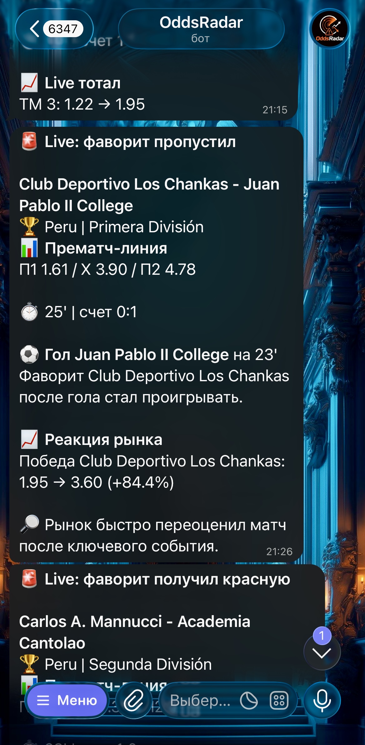 Уведомление OddsRadar о реакции рынка после гола