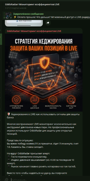 Новостной Telegram-канал OddsRadar с разбором стратегии хеджирования в LIVE